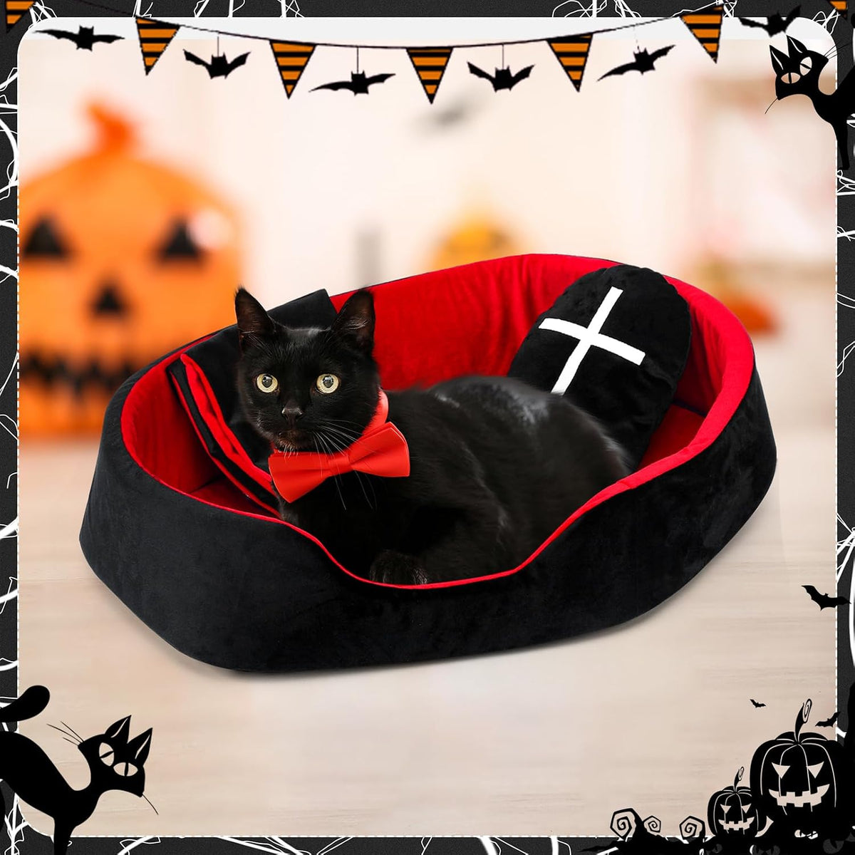 3 Pcs Gothic Coffin Cat Bed Set 19" Red Black Cat Bed Washable