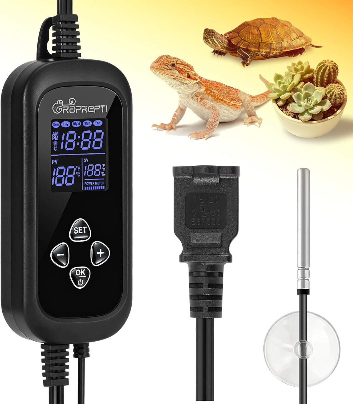 PID Dimming Thermostat for Reptiles with 1-24H Timer Setting Temperature Controller with Memory Function for Heat Lamps, Basking Bulbs & Heaters