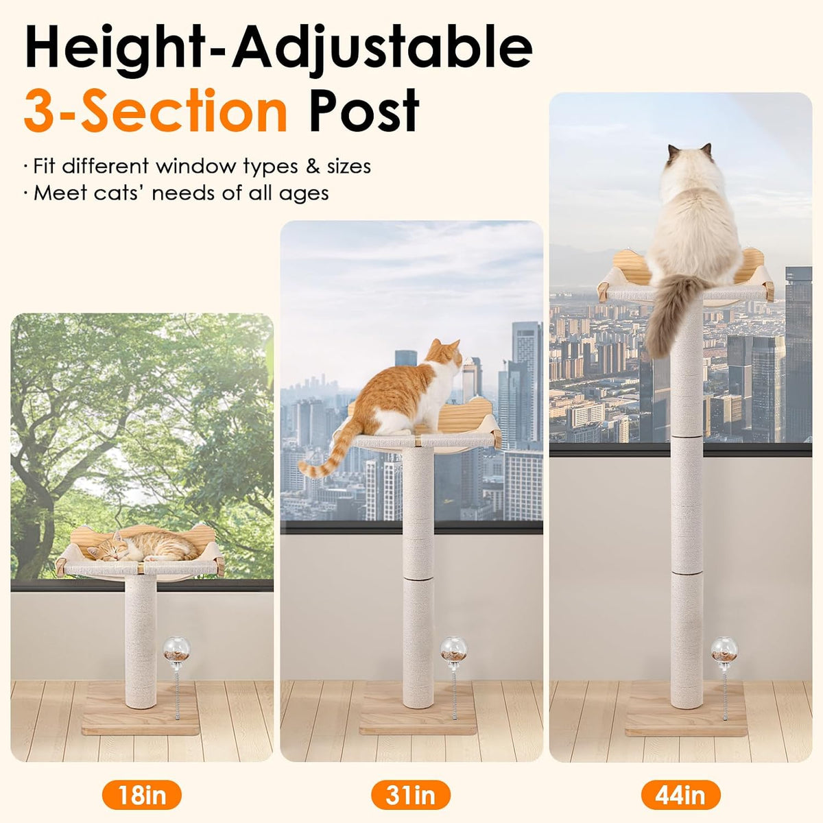 Keaber 44in Cat Scratching Post with Window Perch, Sisal Rope and Cozy Pad