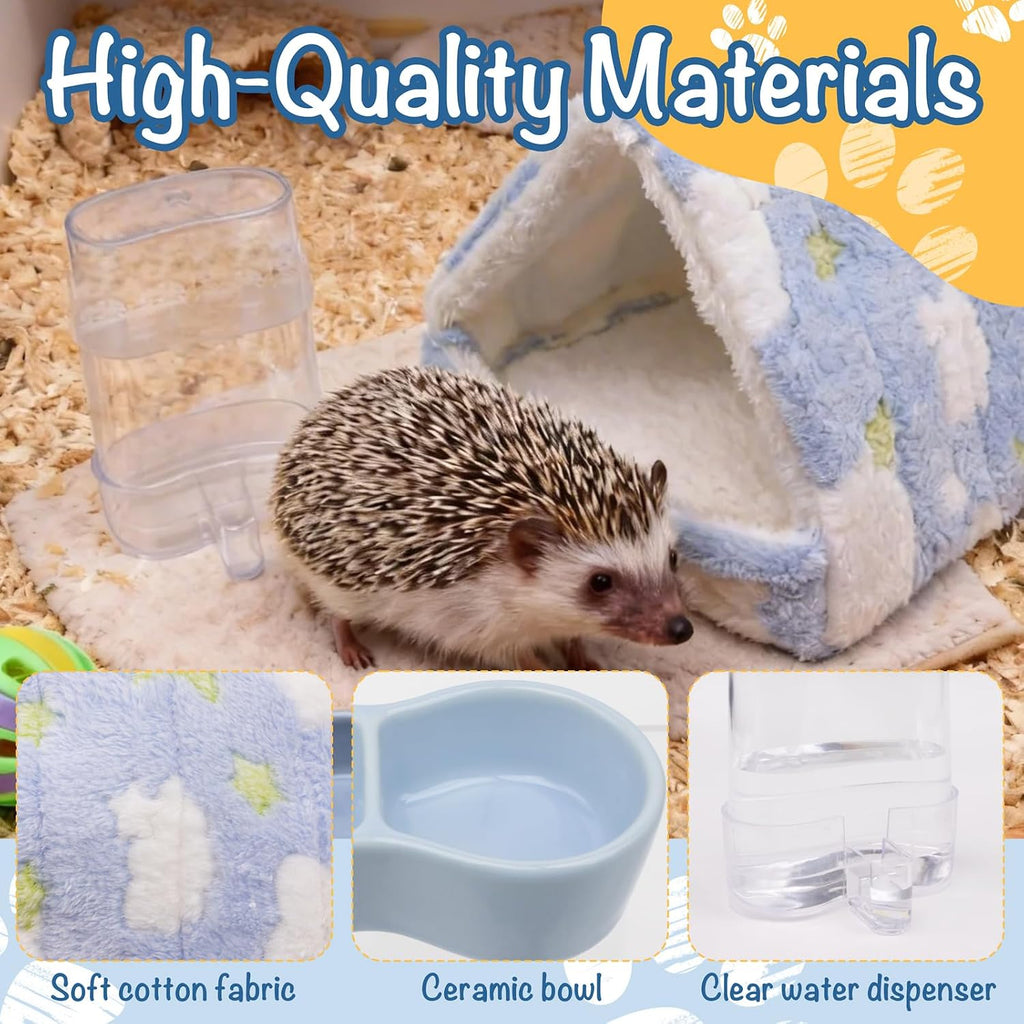 Hedgehog Bed Cave Nest Hideout Hedgehog Accessories Ball Toy Pet Water Dispenser and Pet Bowl, Washable Warm Small Animals House Cage Accessories for Hedgehogs Guinea Pigs Hamsters