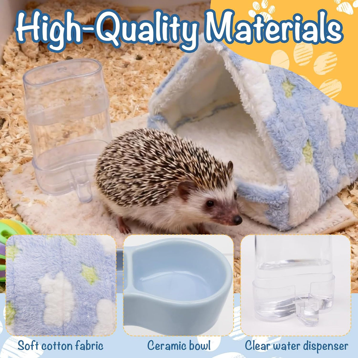 Hedgehog Bed Cave Nest Hideout Hedgehog Accessories Ball Toy Pet Water Dispenser and Pet Bowl, Washable Warm Small Animals House Cage Accessories for Hedgehogs Guinea Pigs Hamsters