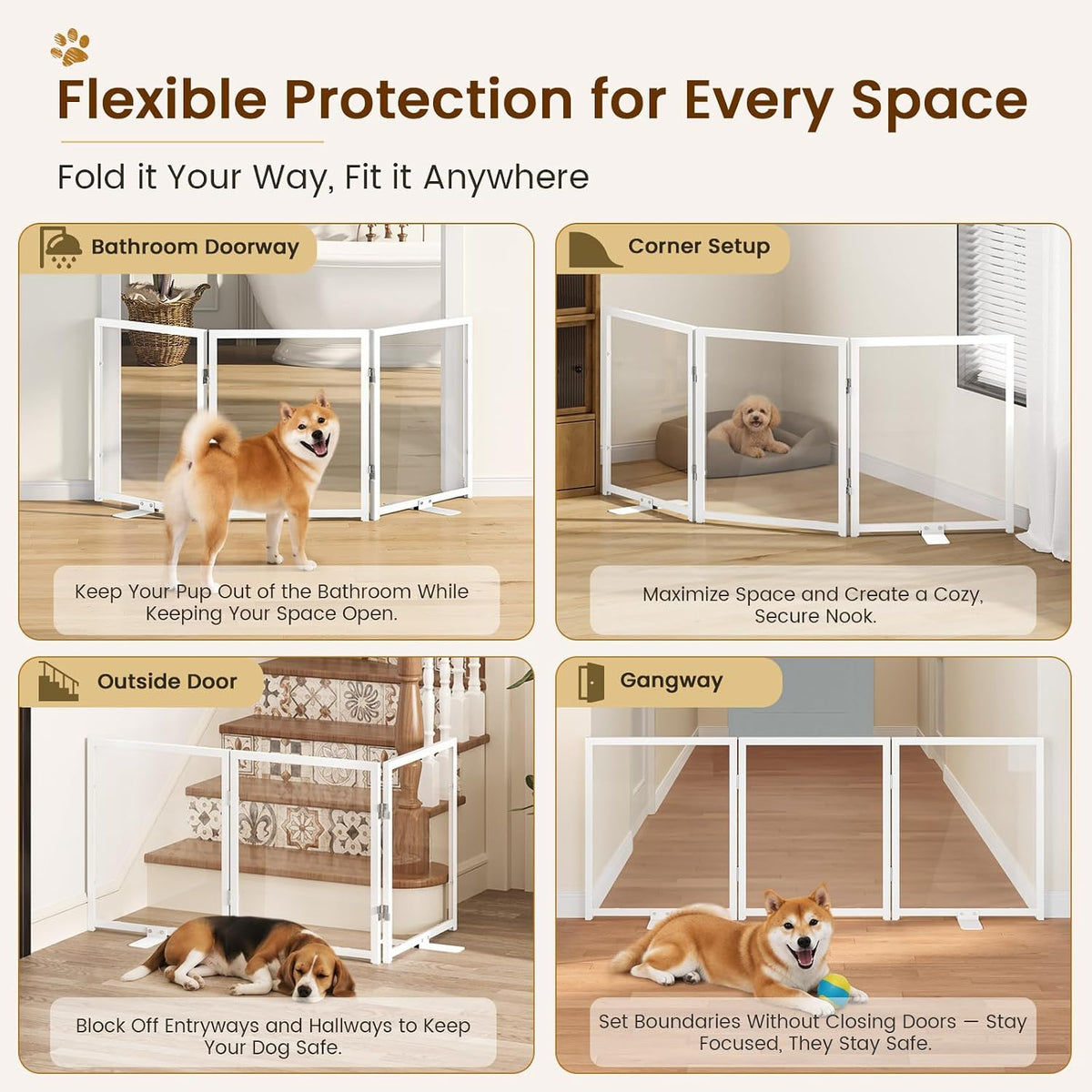 Snughome Clear Freestanding Dog Gate, 23.62" H Acrylic Pet Gate, 61.2" W