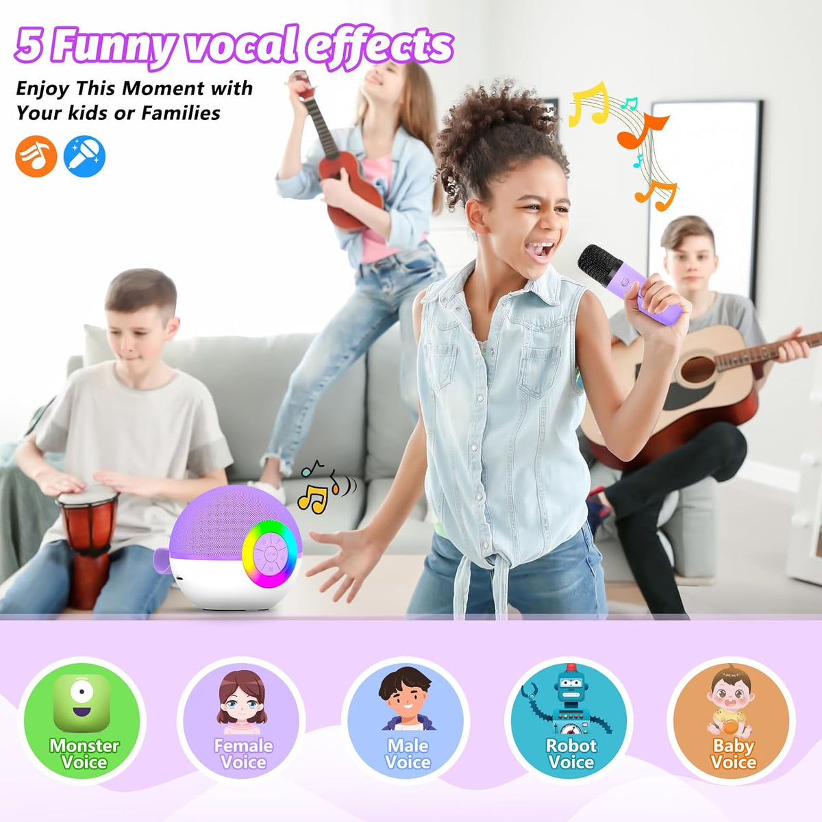 Mini Karaoke Machine Speaker for Kids Adults, Portable Bluetooth Microphone Song Toys with LED Light, Best Chritmas Birthday Festival Gift for 3 4 5 6 7 8+ Year Old Girls Boys (Purple-2MIC)