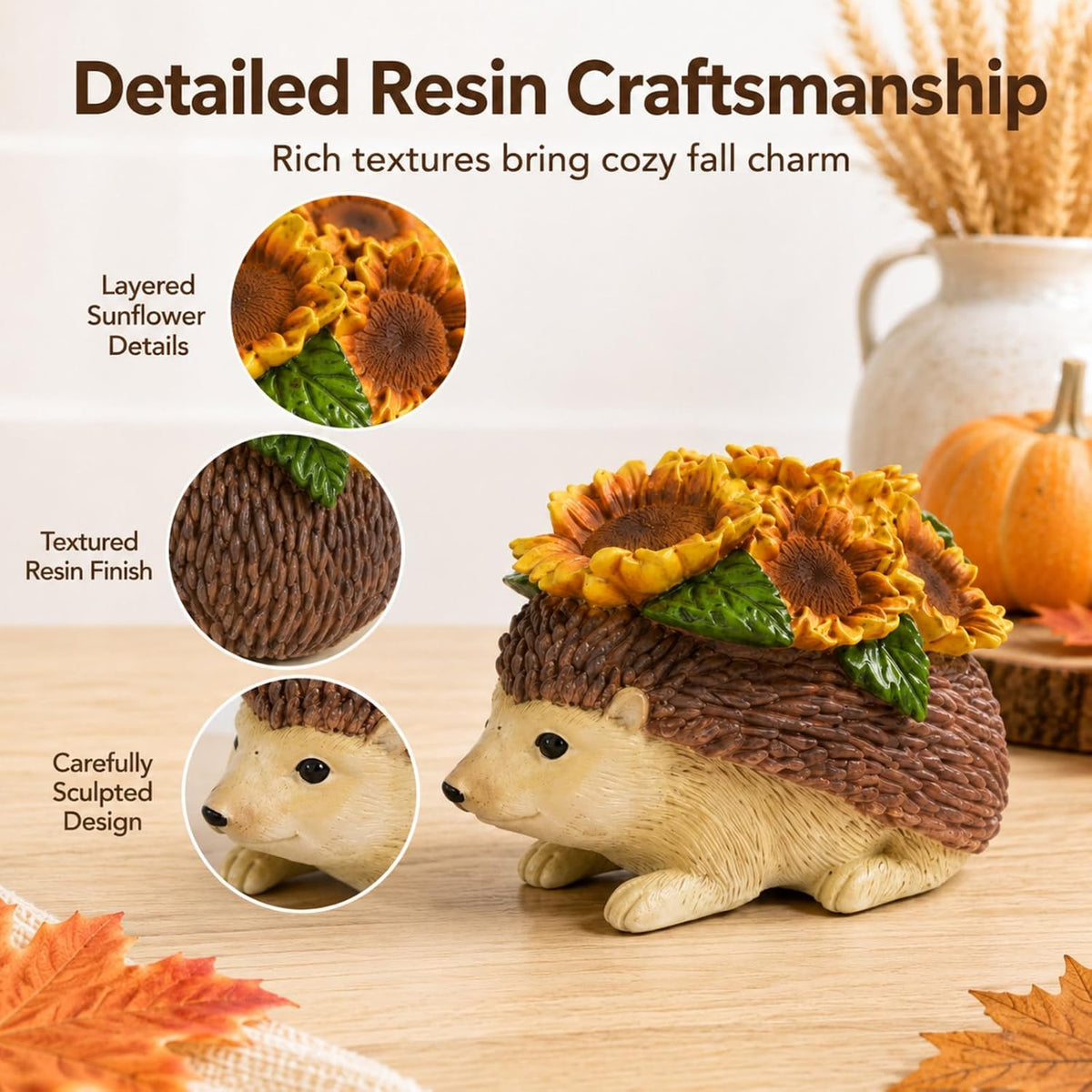 Fall Hedgehog Figurine with Sunflowers, Table, Shelf, Home Decor