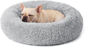 Calming Donut Dog Bed for Small Dogs, Anti-Anxiety Round Washable Plush Fluffy Faux Fur Large Cat Bed, 24 inches Fits up to 25 lbs Pets, Anti-Slip Waterproof Mute Base Gray