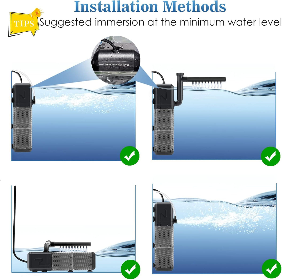AQQA Submersible Aquarium Filter, Adjustable Flow with Aeration System