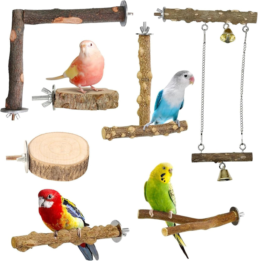 7 PCS Natural Wooden Perch Bird Stand Parrot Perch Stand Bird Climbing Standing Branches Toy for Small Lovebirds Budgies Cockatiels