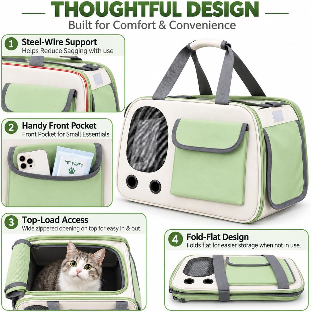 Soft-Sided Cat Carrier, 17.7“×10.2”×11“ Foldable Portable Pet Travel Bag, Cream & Green