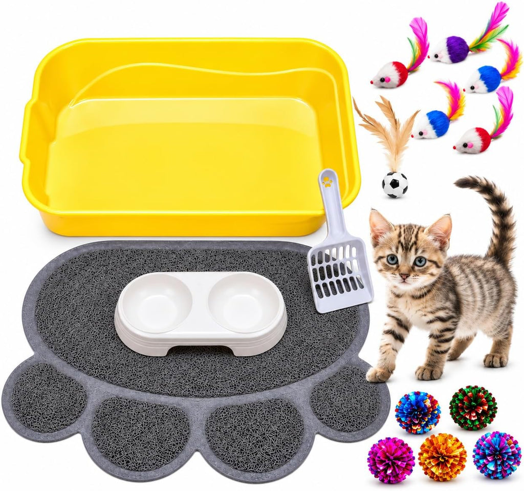 Kitten Litter Box Starter Kit with Mat, All-in-One Starter Kit for Kittens & Small Cats, Anti-Tracking Litter Mat, Easy Clean, Includes Scoop & Toys, Compact Size (GreyScoop)