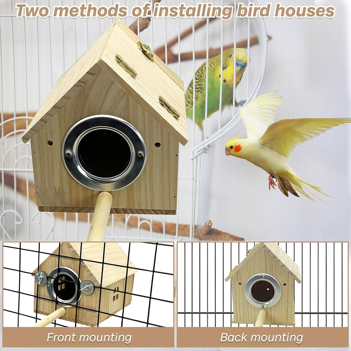 PINVNBY Parakeet Nesting Box Wooden Bird House for Cage Parrot Breeding Mating Box for Lovebirds CockatielFinch Cockatoo Canary and Small and Medium-Sized Birds (L: 7.91 * 6.81 * 6.69 inch)