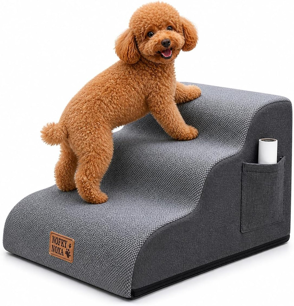 3-Step Dog Stairs for Small Dogs & Cats, 15.7" H Non-Slip Pet Steps with Side Storage Pocket, Sturdy High Density Foam Dog Ramp for Sofa, Couch & Chair, Washable Cover, Grey