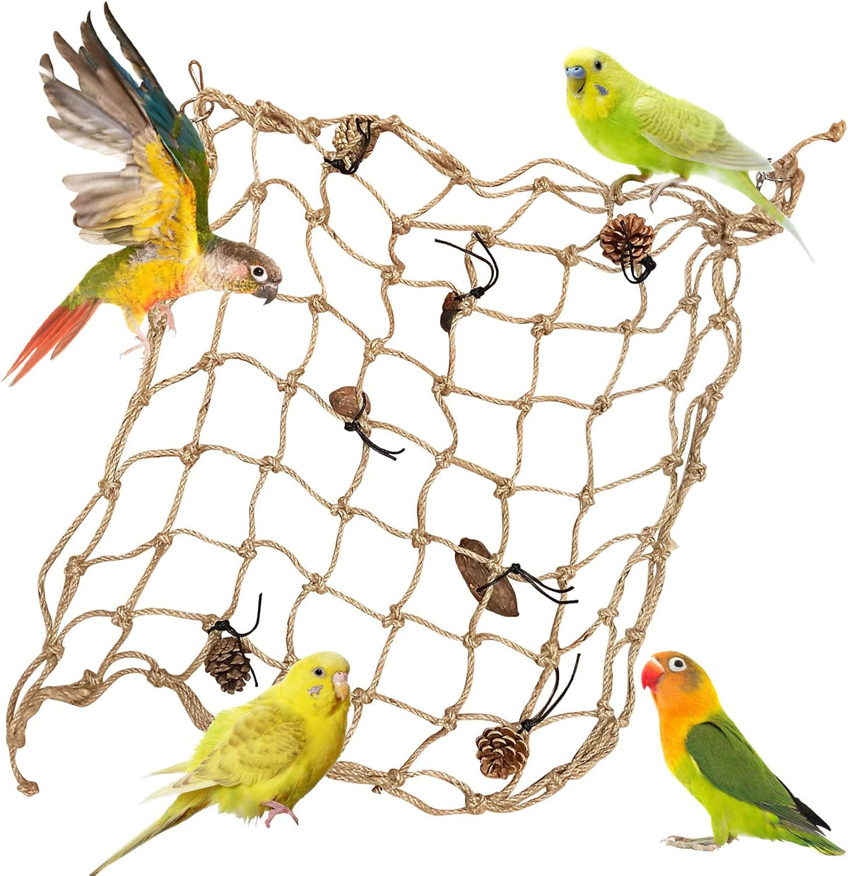 Tfwadmx Natural Bird Rope Net, Large Size - 24''X24'' Parrot Swing Hammock, Bird Climbing Ladder Hanging Cage Perch Chew Toys for Budgies Macaw Conure Finch Cockatoo Budgie African Grey Parakeet