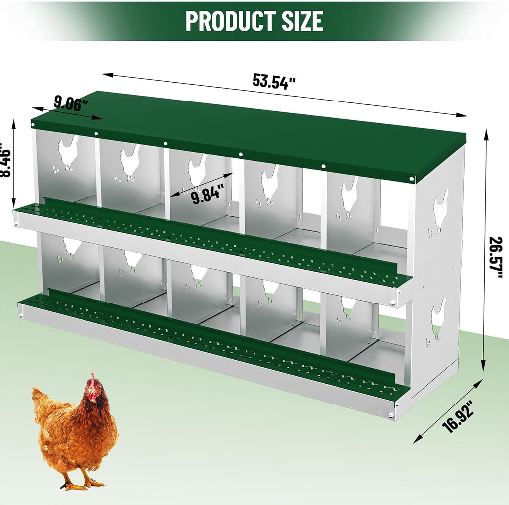Chicken Nesting Boxes, 10 Compartments Nesting Boxes, Metal Chicken Laying Box with Roll Out Egg Collection with Vented Holes for Hens, Green