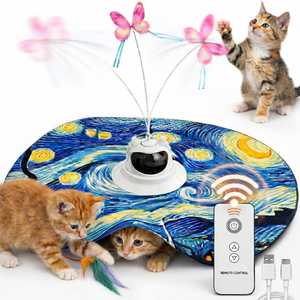 Interactive Cat Toy for Indoor Cats – Rechargeable Hide & Seek Toy for Bored Adult Cats, Touch Activated, Fluttering Feather & Butterfly, 360° Random Motion, Remote Control – Starry Night Design