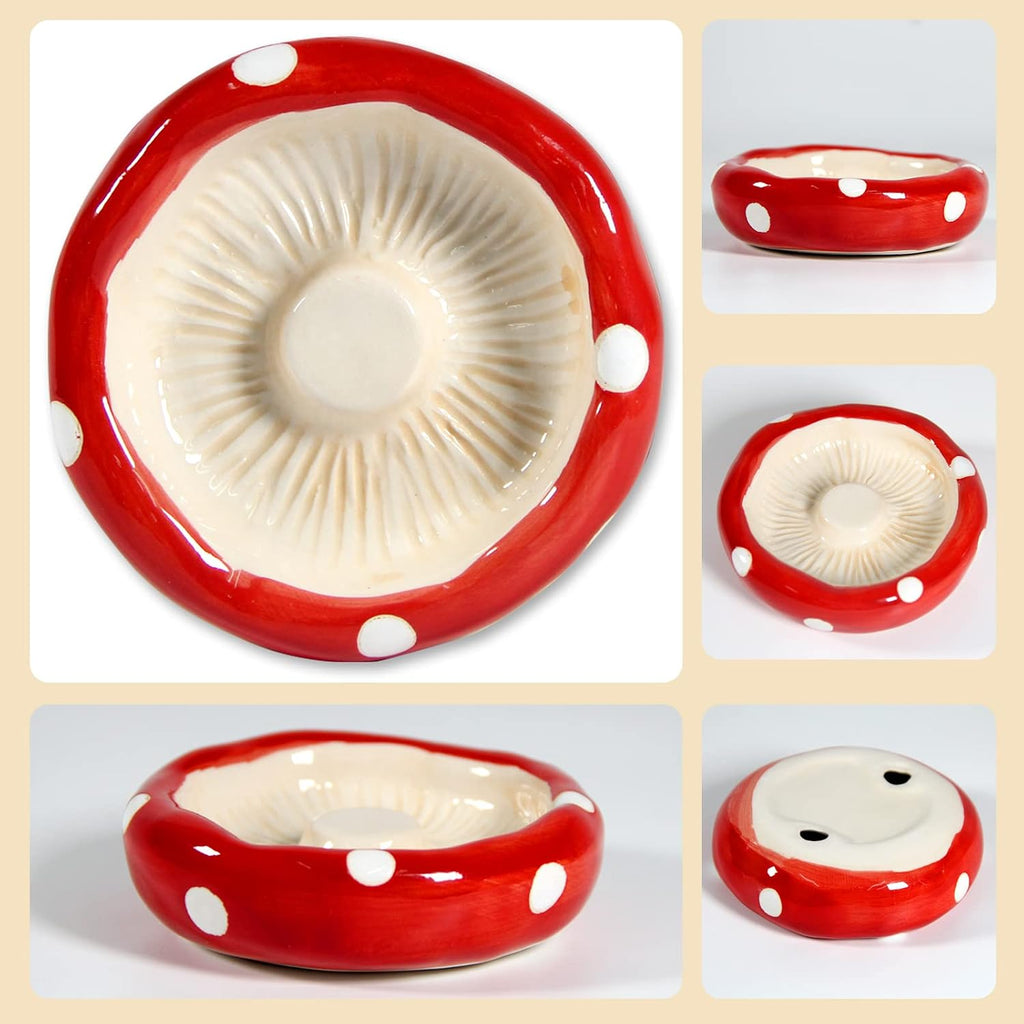 Ceramic Mushroom Hamster Hideout with Food Bowl, Small Animal House(Red)