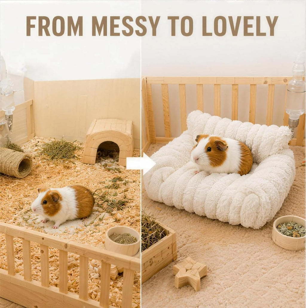 Ultra-Soft Plush White Guinea Pig Couch Bed, Cozy Small Pet Sofa with Padded Armrest & Backrest, Warm Guinea Pig Accessories for Hamster, Rabbit, Chinchilla, Hedgehog