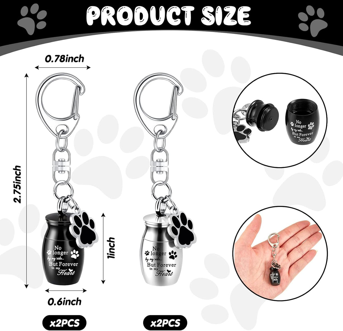 Sasylvia 4 Pcs Pet Urns Keychain Pet Ashes Keychain Dogs Keepsake Cremation Jewelry Stainless Steel Dog Paw Charm Ashes Holder with 4 Storage Bags for Cats Memorial