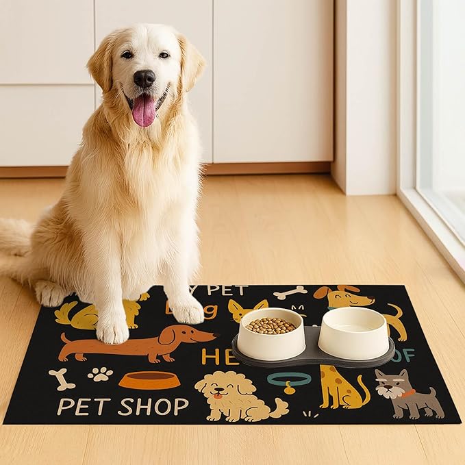 Cute Happy Dog Pattern Design Pet Food Mat 20" x 12" Fun Easy Clean Pet Feeding - Image 3