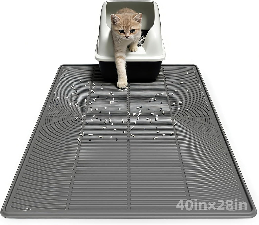 Cat Litter Mat 40"x28" - Soft Silicone & Leak-Proof Large Litter Mat, Non-Slip Cat Litter Trapping Mat for Multiple Cats, Easy to Clean & Durable for All Types (Gray)