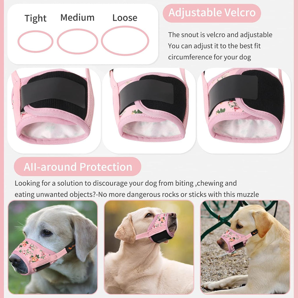 HEELE Dog Muzzle,Soft Nylon Muzzle Anti Biting Barking Chewing,Air Mesh Breathable Drinkable Adjustable Loop Pets Muzzle for Small Medium Large Dogs 4 Colors 4 Sizes (P-Pink Flower, M)