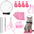 Therwen 8 Pcs Cat Bathing Bag Set Adjustable Pet Shower Net Bag Cat Helmet for Grooming Breathable Muzzle Boots Paw Covers Nail Clipper Nail File Tick Tool Massage Brush Comb Pet Trimming Cleaning