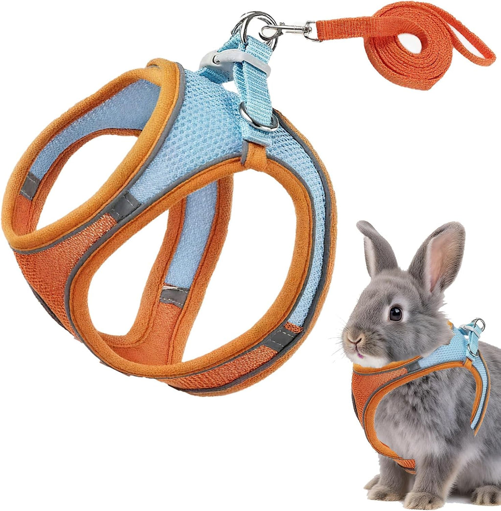 Rabbit Harness and Leash Set Escape Proof, Adjustable Soft Padded Vest, Breathable Mesh Bunny Harness with Reflective Strap, Safe for Small Animals(Blue,S)