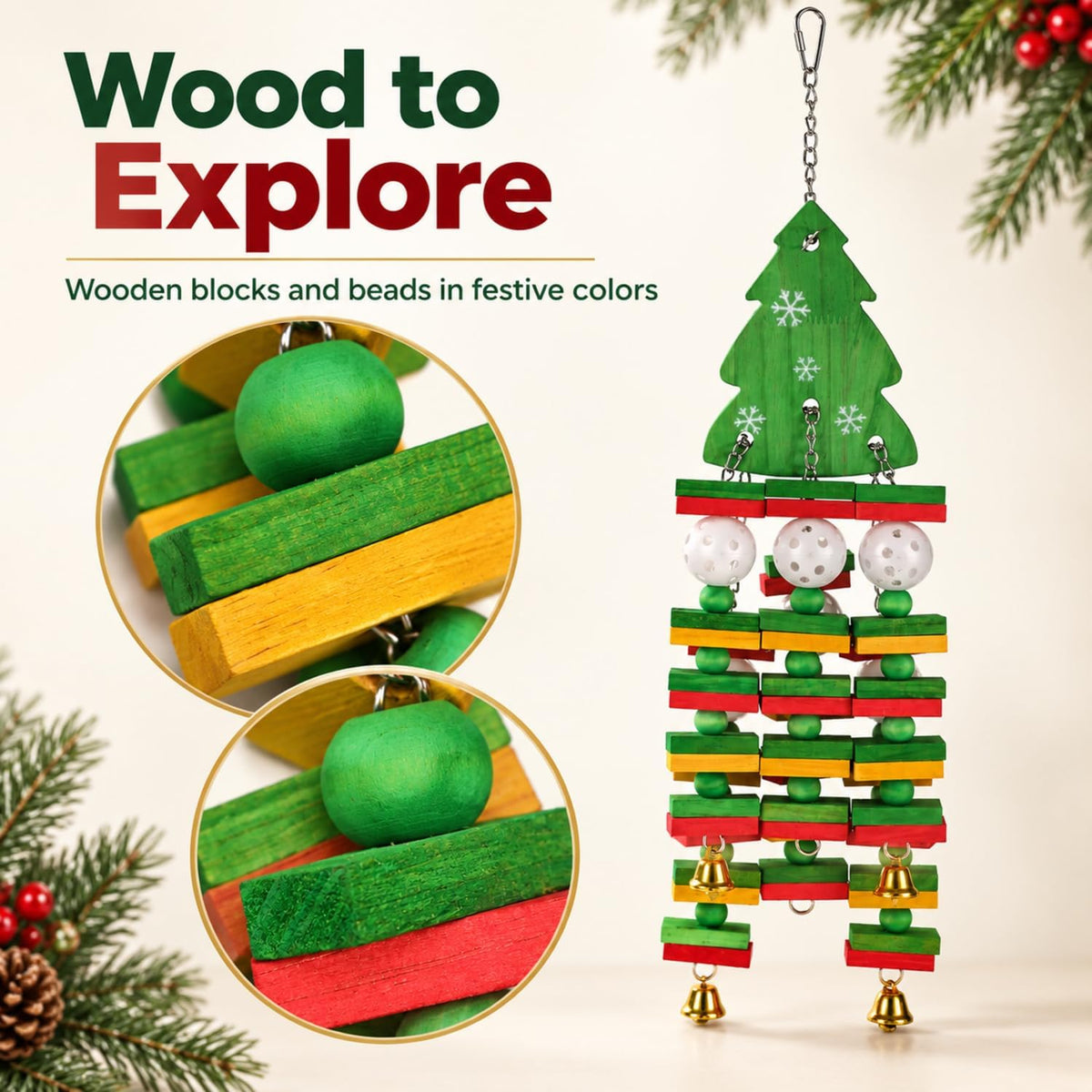 Large Christmas Bird Toy with Wooden Blocks, Beads and Bells