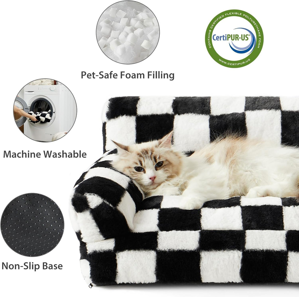 BFPETHOME Cat Couch & Dog Couch Bed, Pet Sofa for Small Pet, Cute Cat Sofa, Checkered Dog Bed with Washable Cover (Black&White)