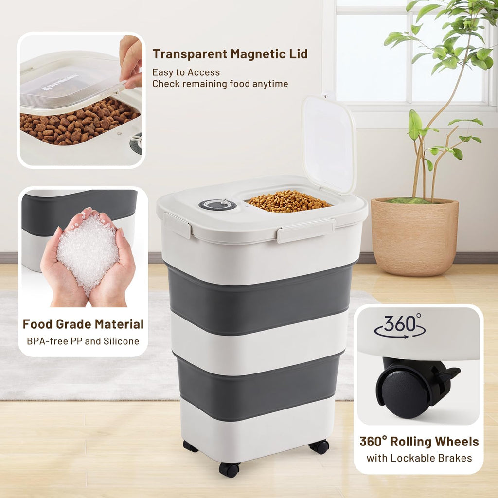 40-50lbs Collapsible Dog Food Storage Container with Wheels, Grey