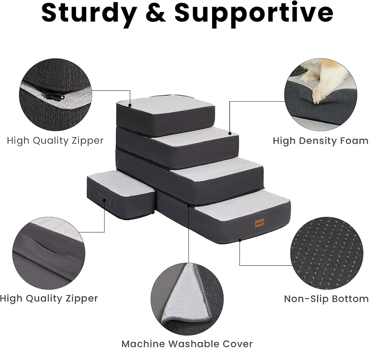 Garnpet 3-Step Adjustable Dog Stairs for Sofa and Couch, Dog Steps for Small Dogs and Cats, Foldable Pet Stairs for Low Bed Climbing, Non-Slip Pet Step Indoor, Grey