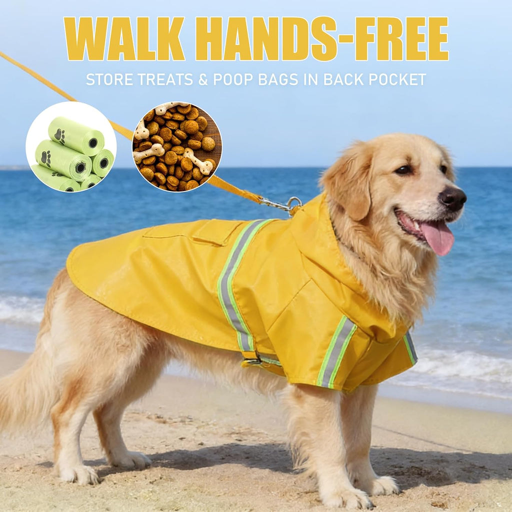 Waterproof Dog Raincoat for Small to Extra Large Dogs-Adjustable Hooded Slicker Poncho,Reflective Dog Rain Jacket with Leash Hole for Outdoor Walking,Hiking Yellow XL
