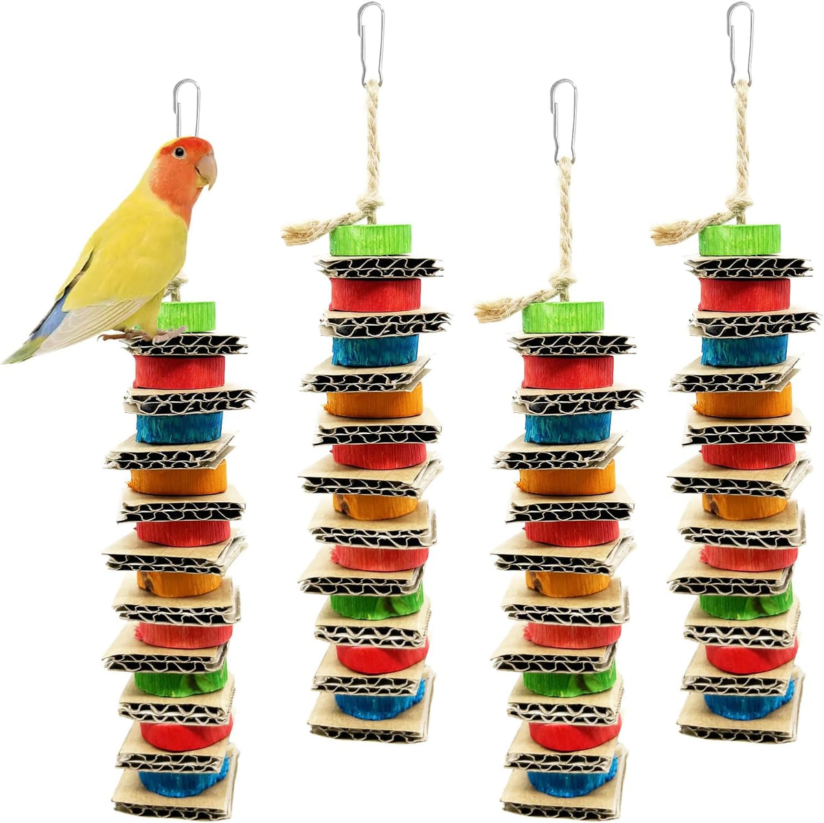 4 Pack Small Bird Chews Toy Natural Cardboard Wood Parrot Chewing Cage Hanging Toys for Conures Parakeet Cockatiel Budgies Love Birds Canary