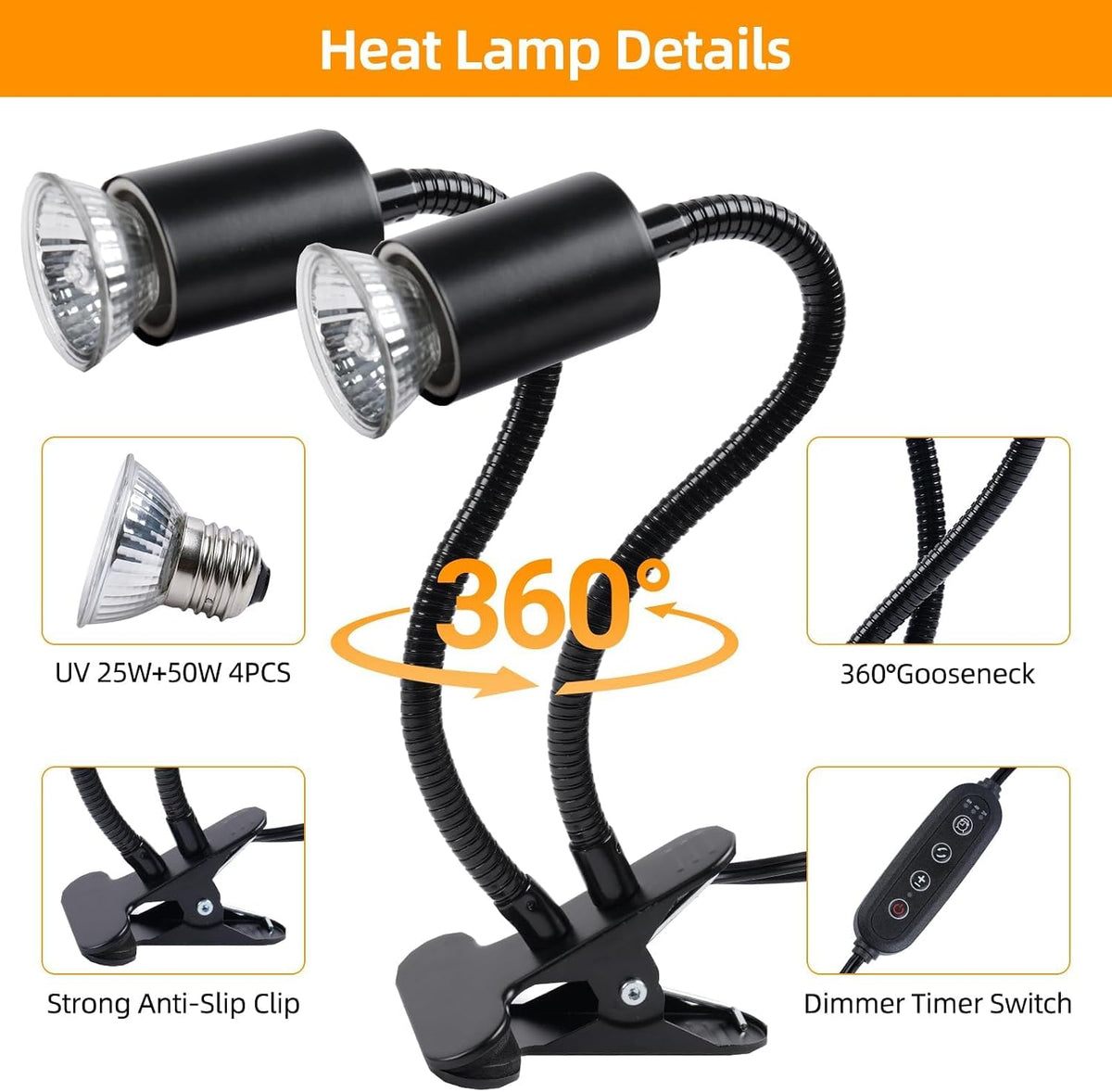 Turtle Basking Light (Cycle Timer), Tortoise Lamp UVA UVB Heat Bulbs -2 Pack 50W+ 2 Pack 25W, 360°Rotatable Turtle UVA/UVB Basking Heat Light Bulb for Lizard, Beared Dragon