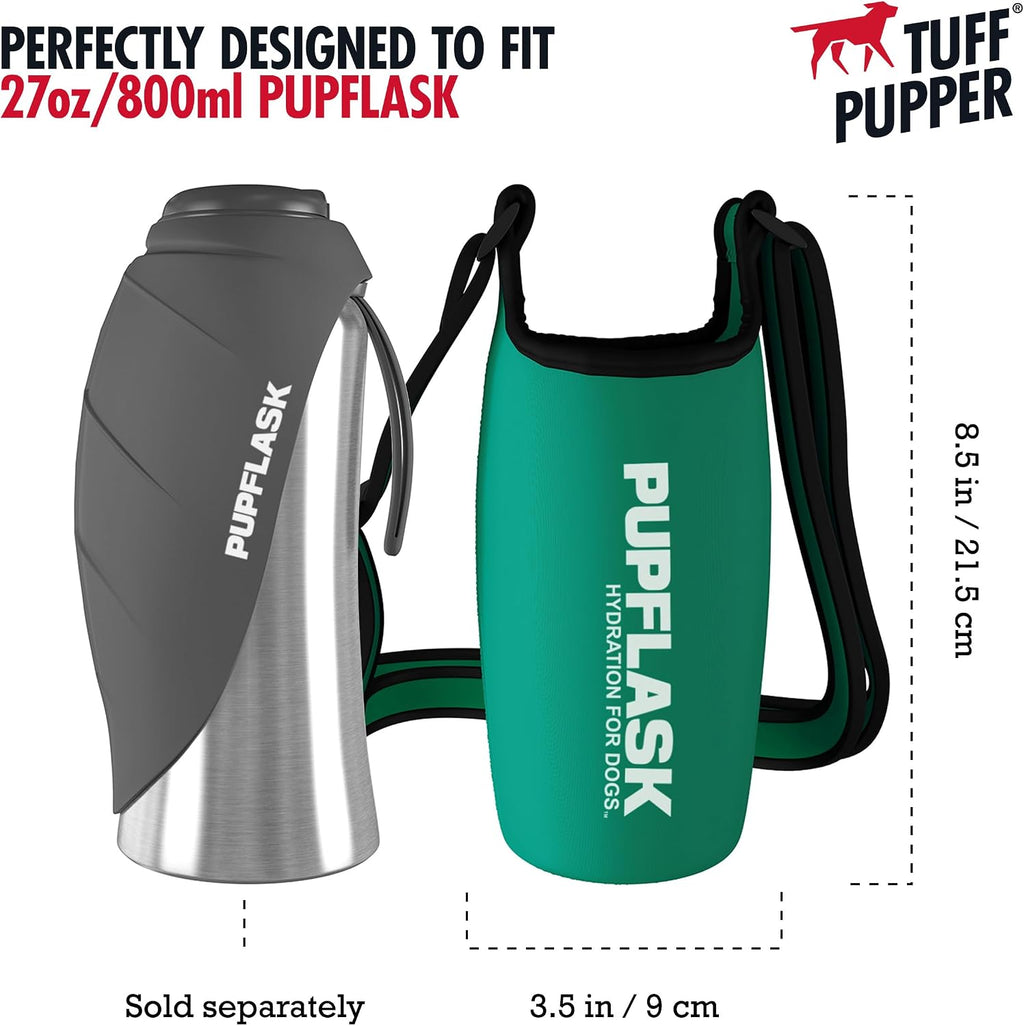 Tuff Pupper PupFlask Insulated Neoprene Dog Water Bottle Holder Sling with Wide Adjustable Shoulder Strap, Great for Travel, Walking, Hiking, Portable Pet Water Bottle Holder (27 OZ, Quetzal Green)