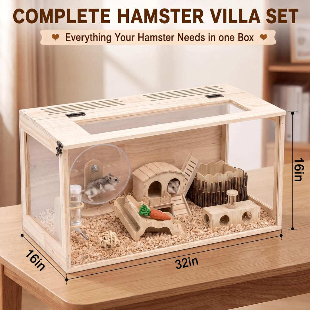 Menkxi 18 in 1 Large Wooden Hamster Cage 32"x16"x16" Dwarf Hamster Cage