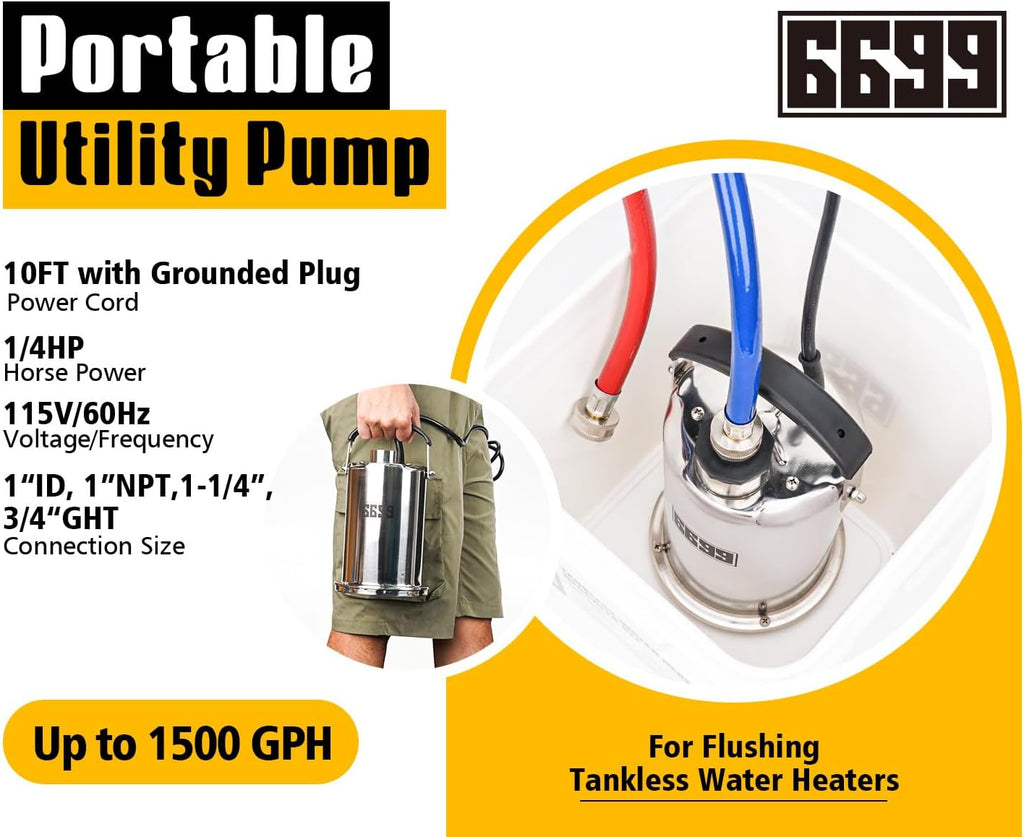 Tankless Water Heater Flushing Kit Includes 1500GPH Stainless Steel Pump with Two Adapters & Cleaner & 3 Gallons Pail with Bucket Lid Opener & Two 1/2” Dia X 6’ Hoses SUB 1500SS Flush Kit