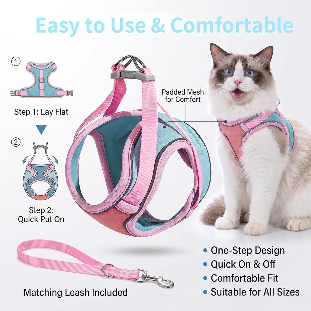 Cat Harness and Leash, Escape-Proof Cat Harness Set, Adjustable Step-in Pet Harness for Walking, Soft Breathable Reflective Vest for Cats & Dogs (Red, Small)