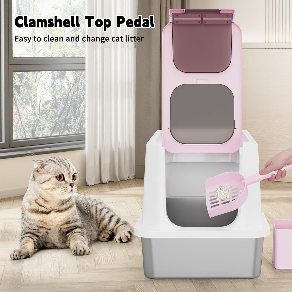 RIZZARI Stainless Enclosed Litter Box: with Scoop & Odor Control