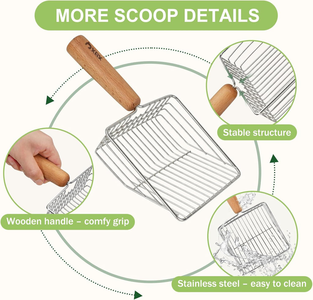 XBX Cat Litter Scoop with Holder, Sturdy Stainless Steel Litter Scooper, Wide Gap Litter Shovel with Beech Wood Handle for Easy Daily Litter Box Cleaning