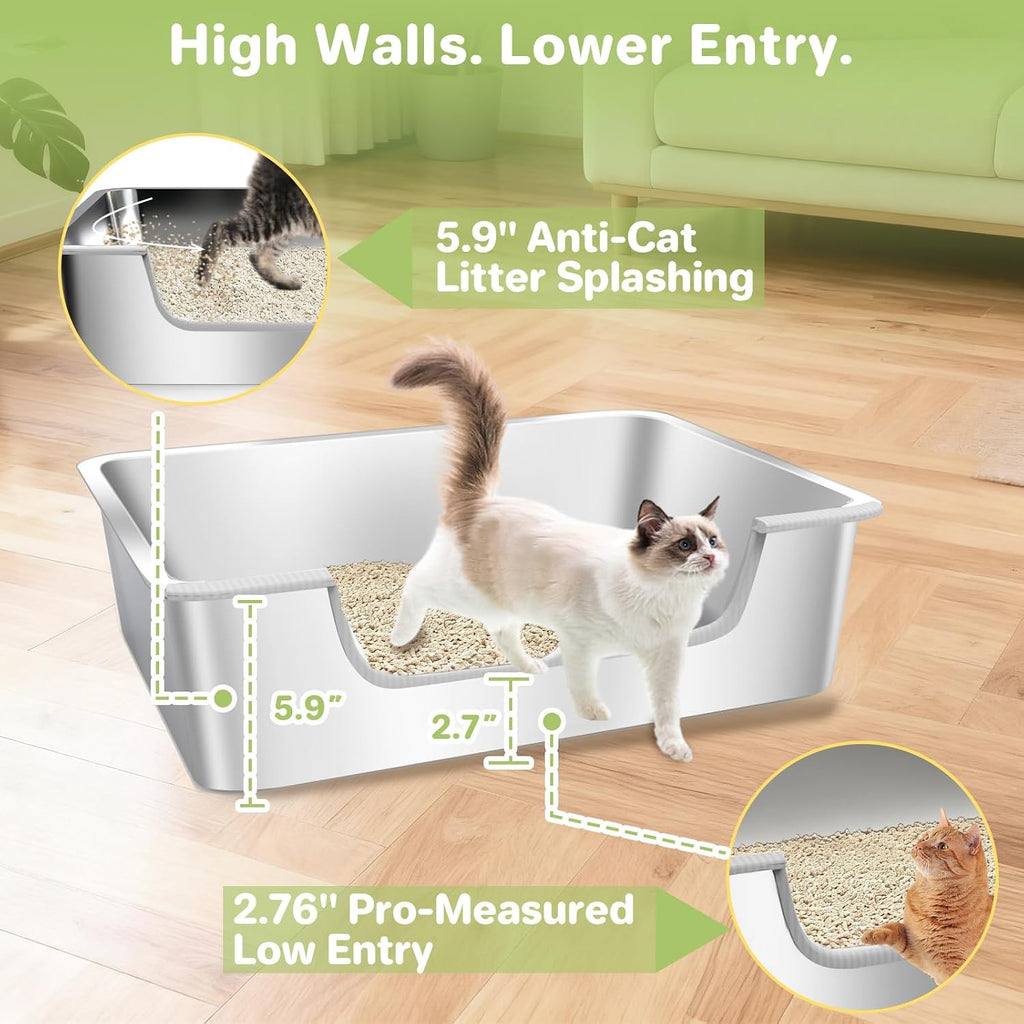Low Entry Litter Box for Senior or Disabled & Injured Cats, Stainless Steel High Sided Enclosed Easy Step in Entry-Metal Kitty Litter Box for Kittens, Odor Control (17.7"x13.8"x5.9")