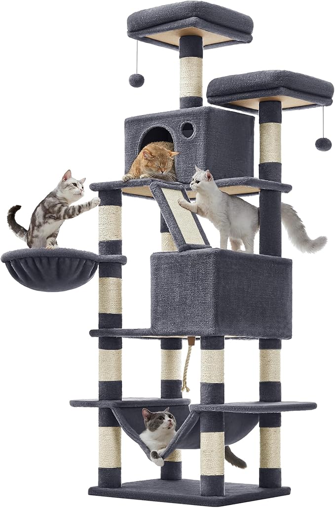 Feandrea Cat Tree, 66.1-Inch Large Cat Tower, 2 Perches, 2 Caves, Smoky Gray by FeandreabySONGMICSHOME