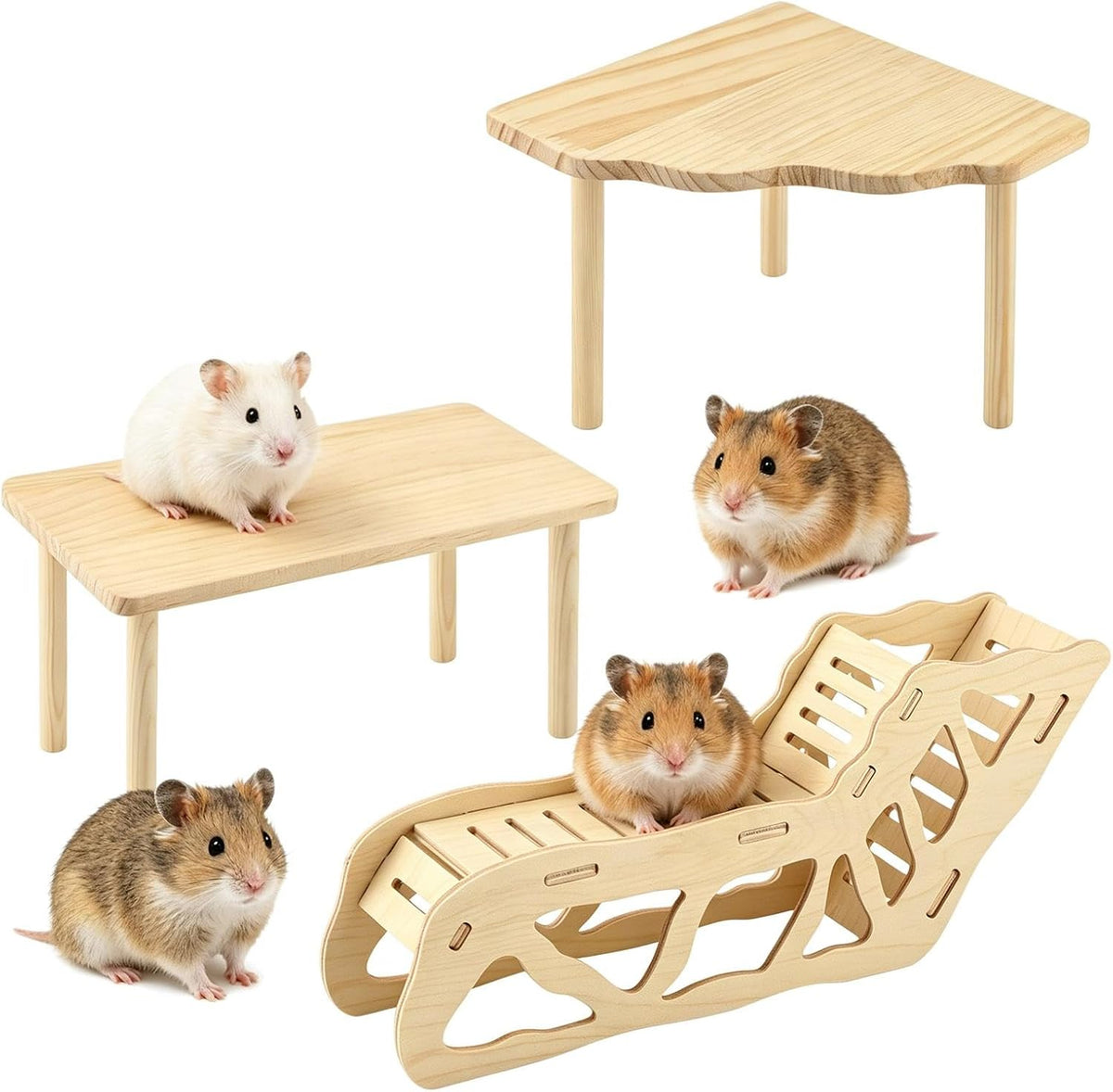 3 Pack Wooden Hamster Play Platform, 3-in-1 Natural Small Pet Playground