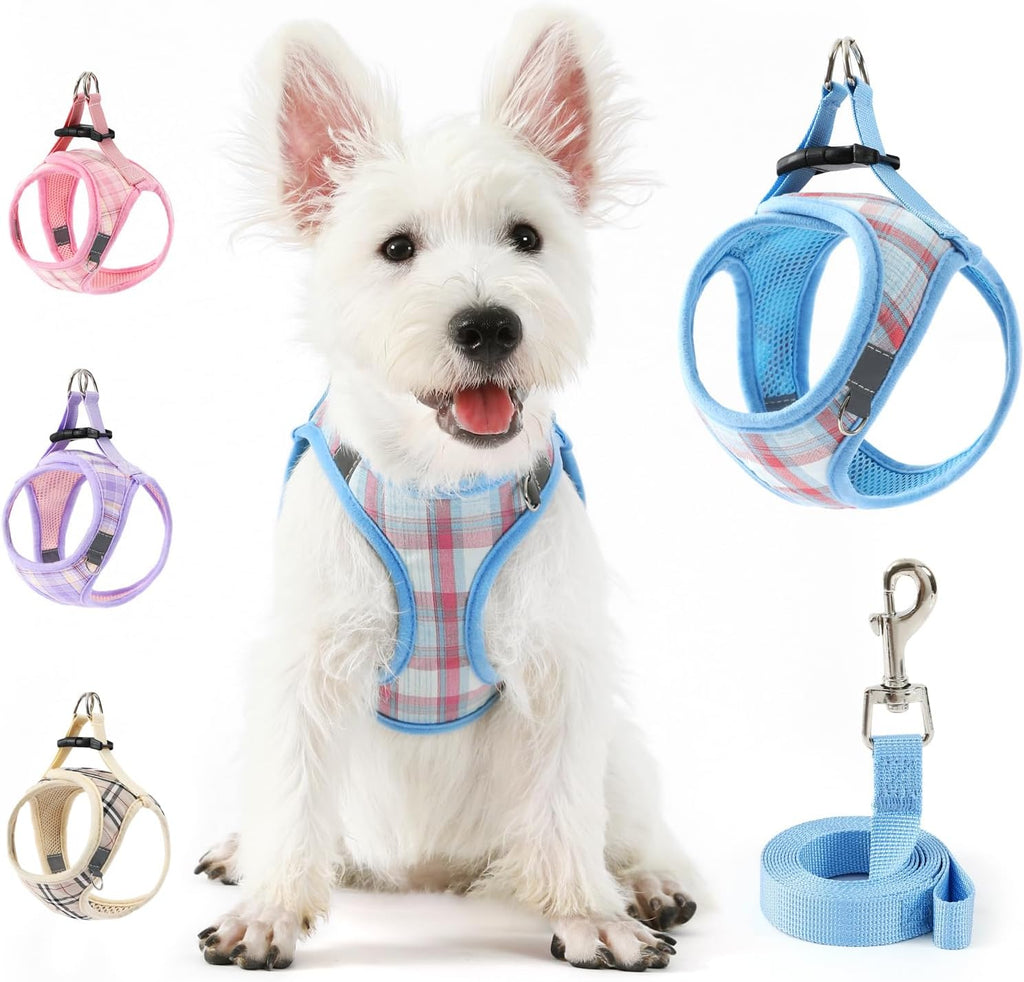 voopet Extra Small Dog Harness and Leash Lightweight Cat Comfort Padded Soft Mesh Vest Step in dog harness No Pull No Choke Reflective Small Plaid Girl & Boy Puppy Kitty Walking Harness, Blue XS