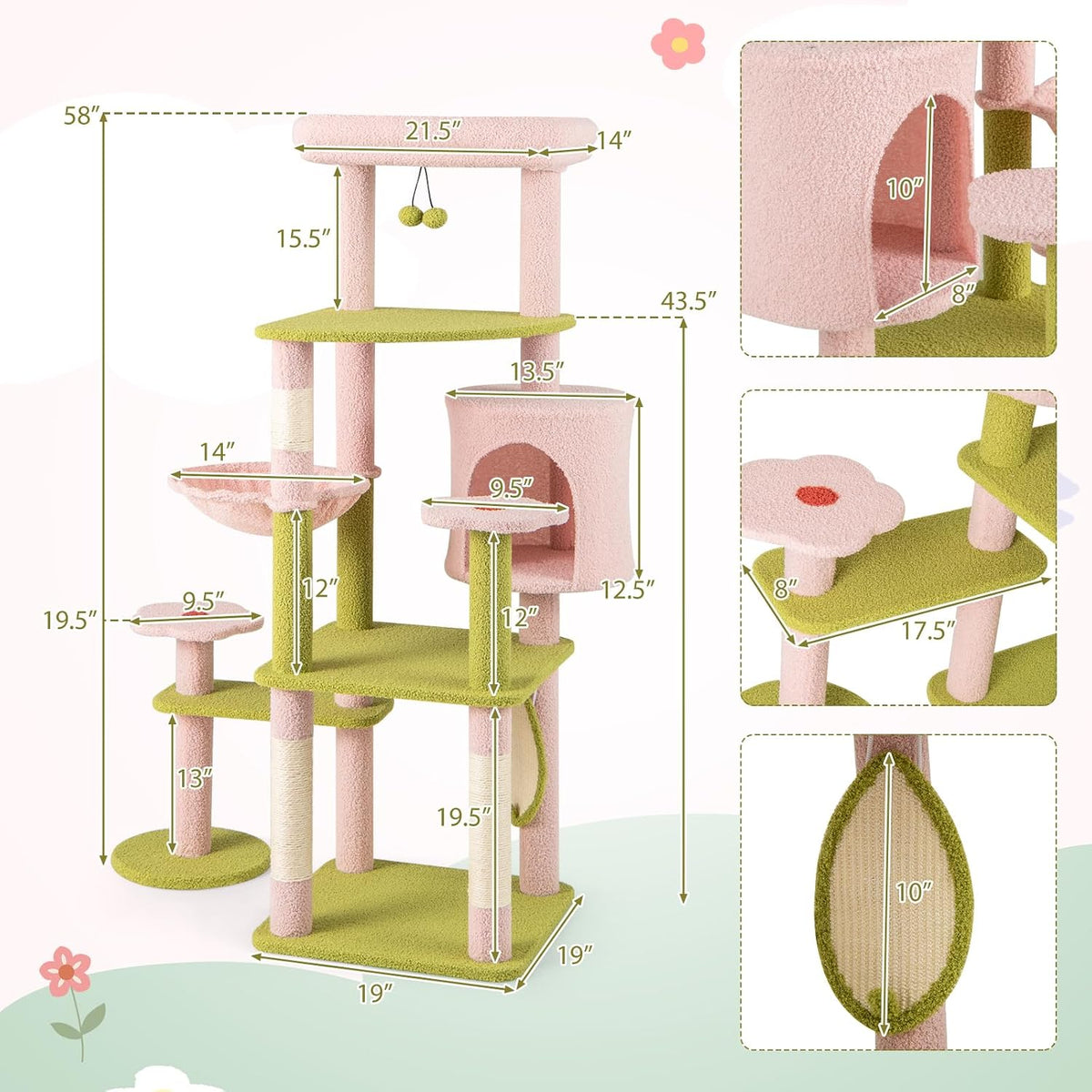 PETSITE 58-inch Flower Cat Tree, Multi-Level Cat Tower with Sisal Scratching Posts and Board, Cat Condo, Side Basket, and Dangling Balls, Cute Pink Cat Tree Tower for Indoor Cats