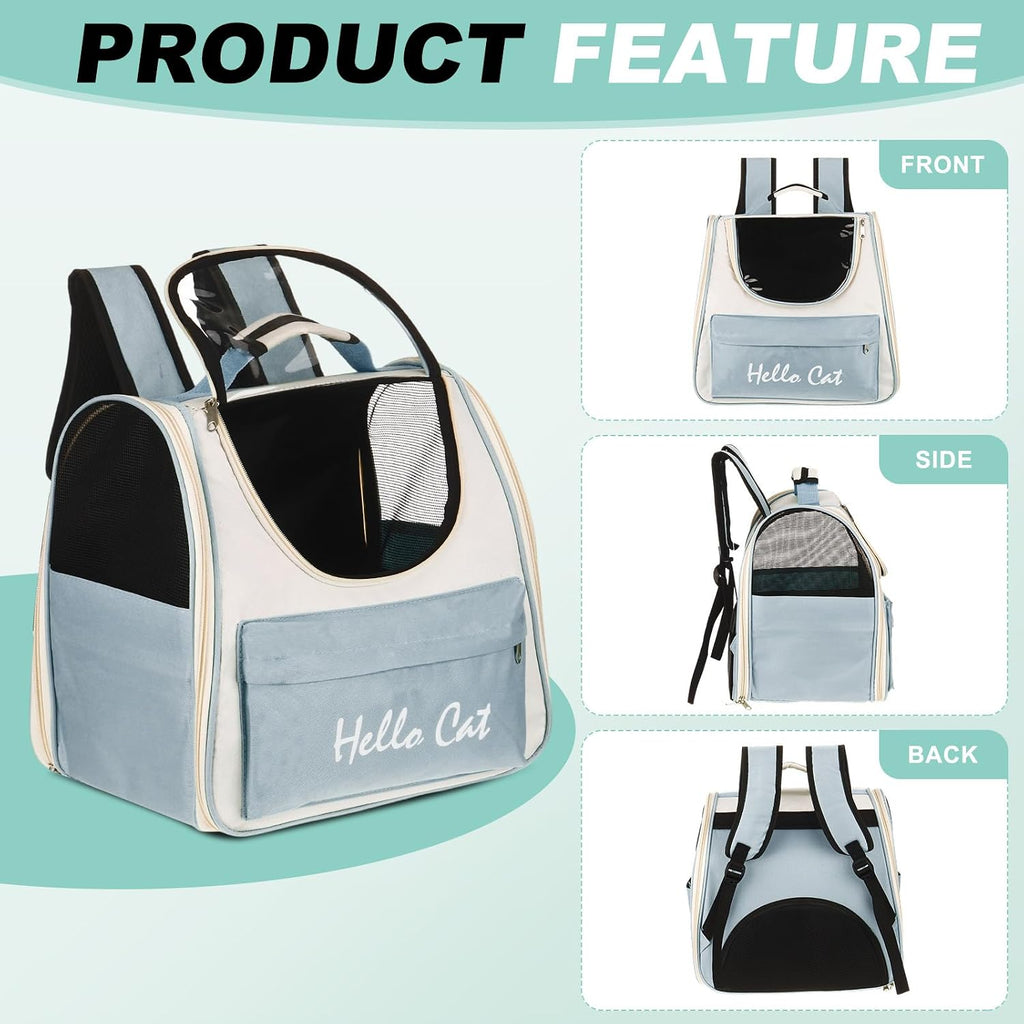 Cat Backpack Carrier, Large Space & Breathable, Ventilated Mesh Design Pet Backpack for Cats or Small Dogs, Intended for Hiking/Camping/Traveling (Blue, 14.6"x9.8"x13.4")