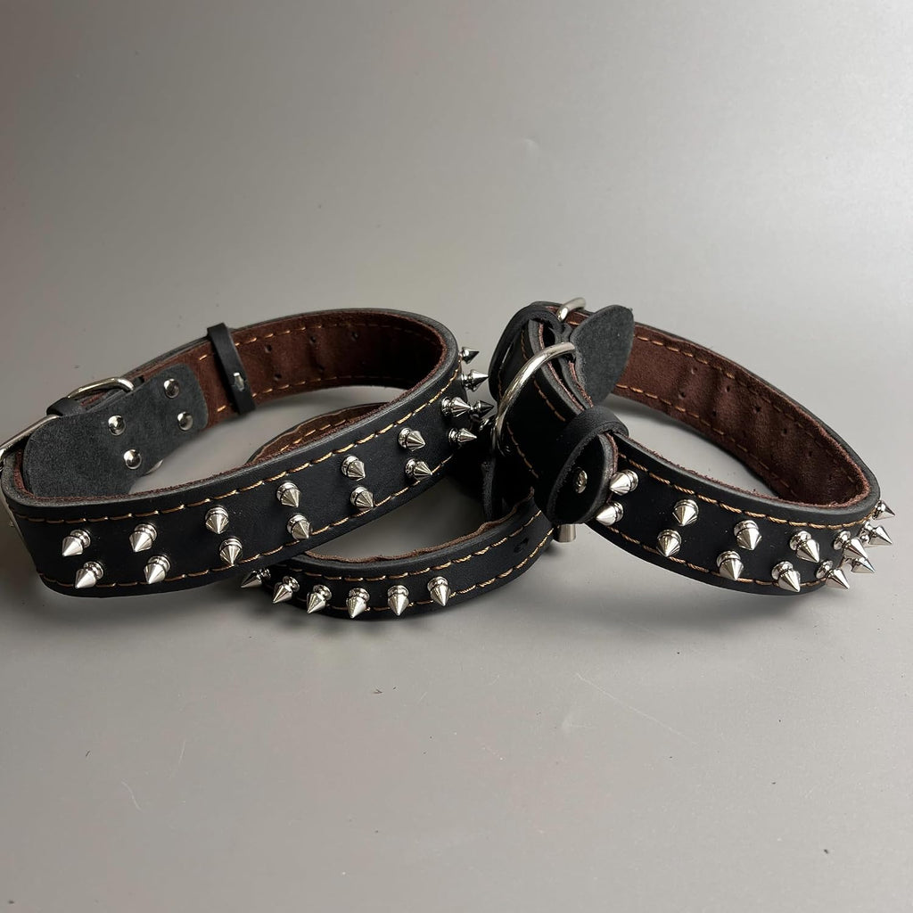 Leather Spiked Dog Collar Sturdy Durable French Bulldog Pit Bulls Doberman (Black,XS-Neck 14-18in)