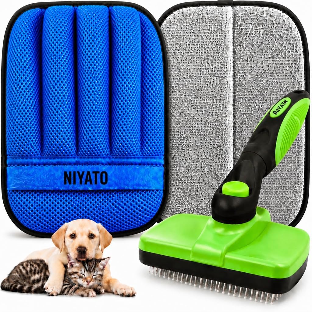 2 Piece Set- Pet self Cleaning Slicker Brush for Dogs and Cats, and Upgraded electrostatic, Washable pet Hair Removal Glove for Clothes and Furniture, pet Grooming Supplies for Shedding Problems