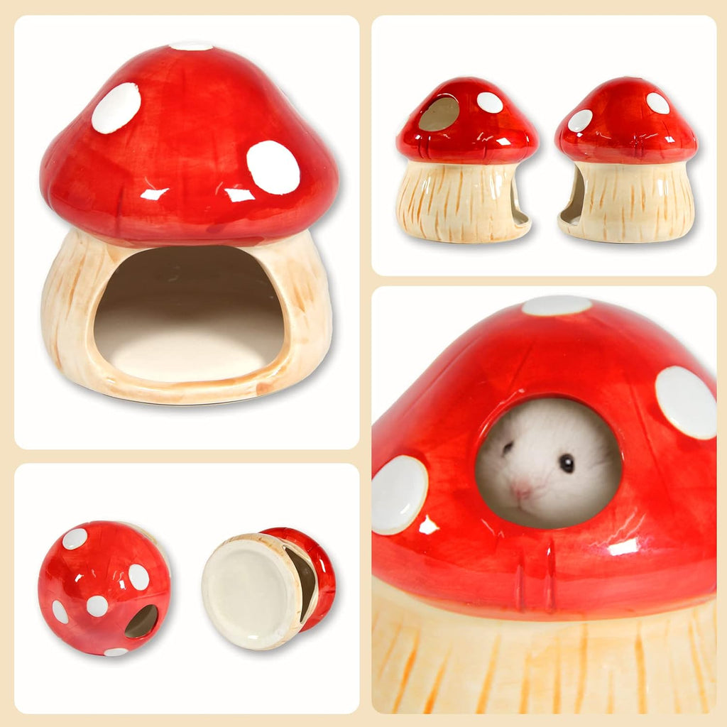 Ceramic Mushroom Hamster Hideout with Food Bowl, Small Animal House(Red)