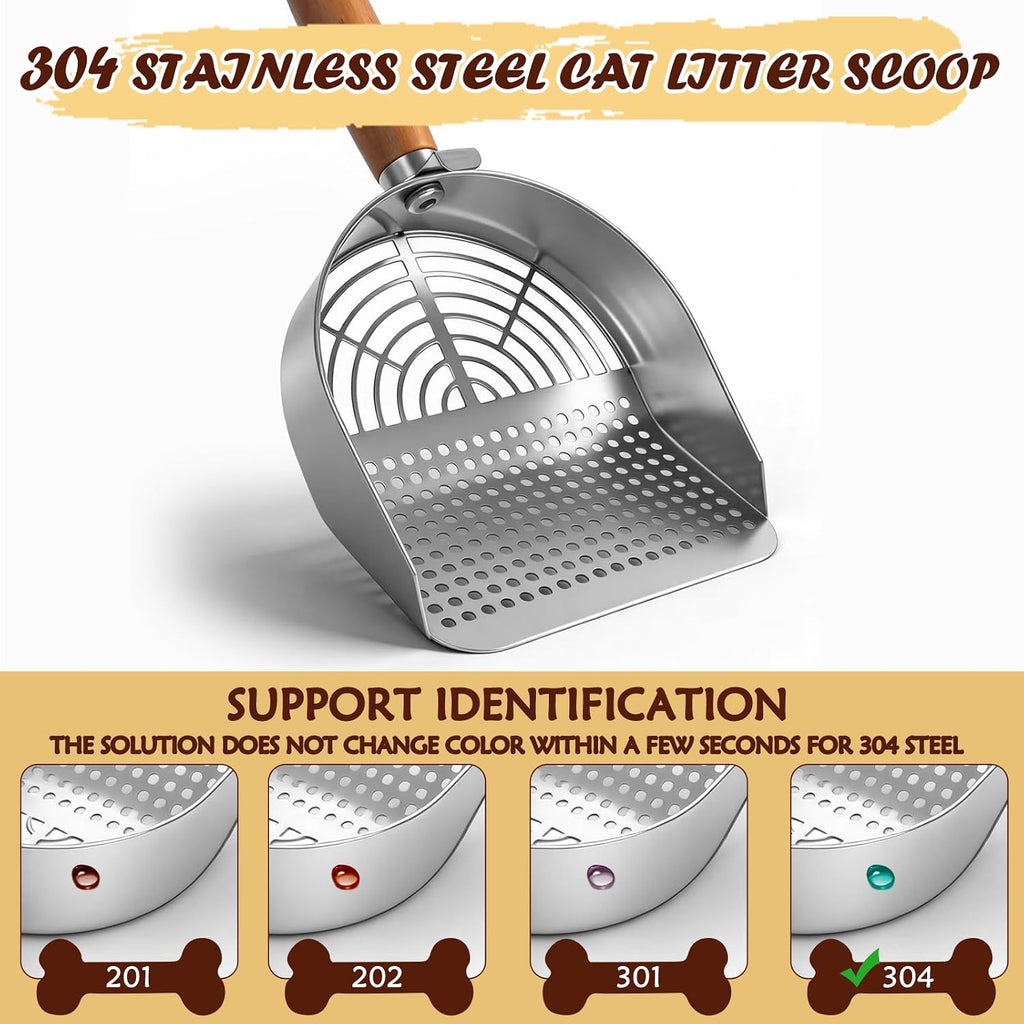 Large Cat Litter Scoop 304 Stainless Steel Rust Proof, Sifting Litter Box Scooper with Wood Handle, Curved Design for Easy Cleaning, Dual Sifter Holes cat Litter Shovel