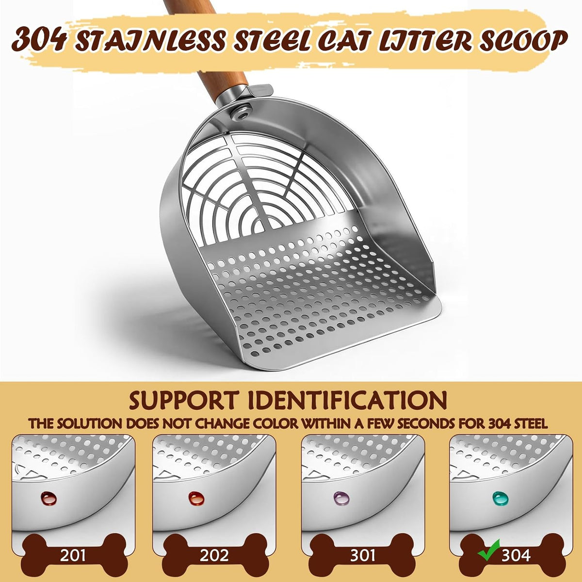 Large Cat Litter Scoop 304 Stainless Steel Rust Proof, Sifting Litter Box Scooper with Wood Handle, Curved Design for Easy Cleaning, Dual Sifter Holes cat Litter Shovel